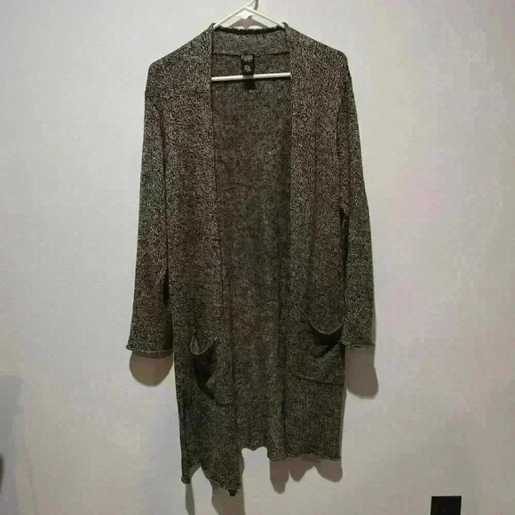 Eileen Fisher Long Cardigan Sweater Small Wool Linen Gray Black Cozy Chic - Picture 2 of 9